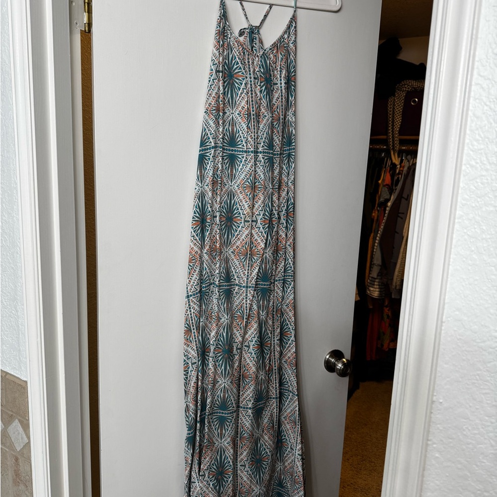 Roxy Teal and White Geometric Maxi Dress